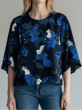 Wilfred Sz XS Blouse Cambrai Absract Floral Blue Aritzia Short Sleeve Top Boho